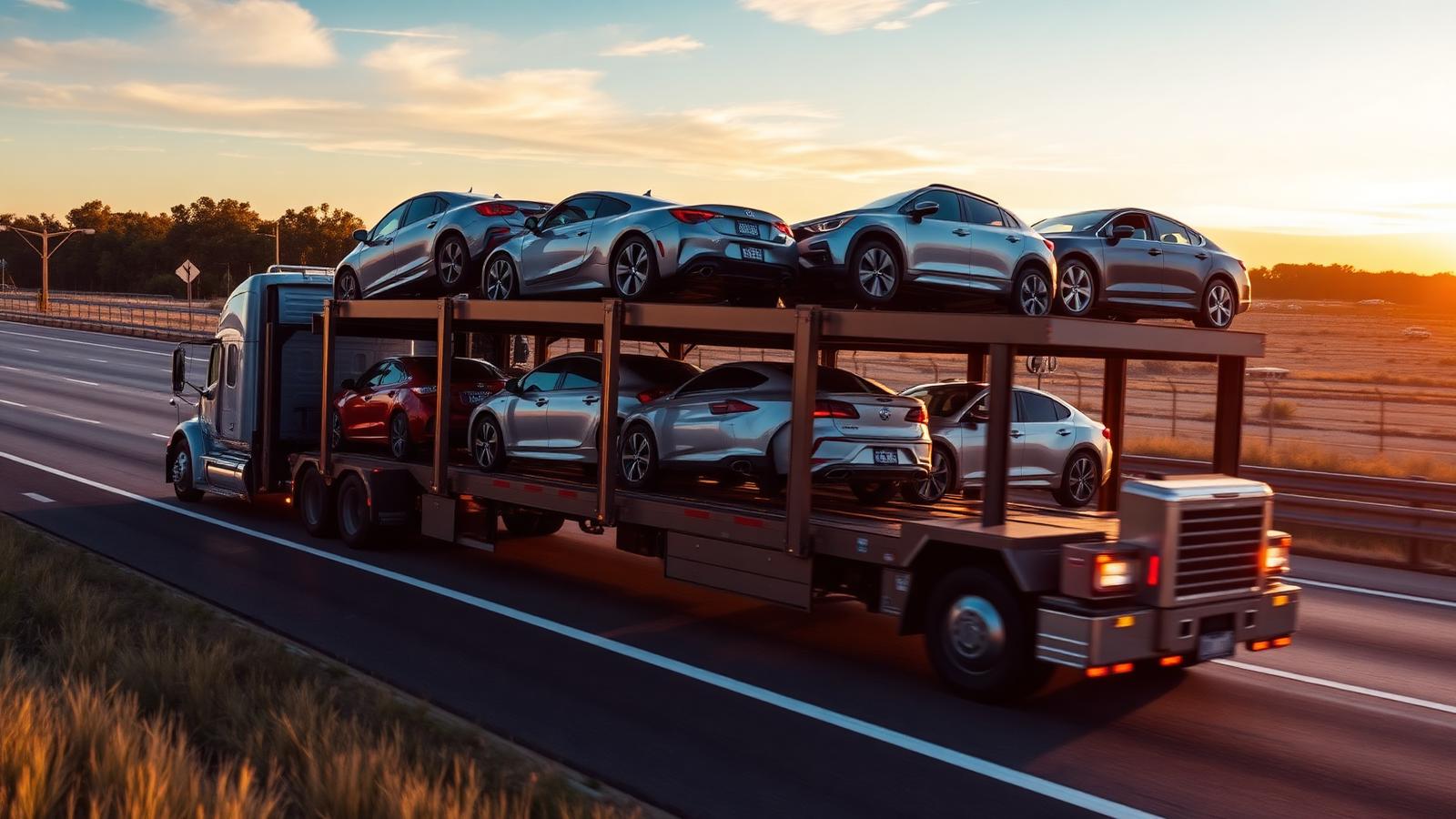 Car carrier truck loaded with vehicles on a North Texas highway at sunset